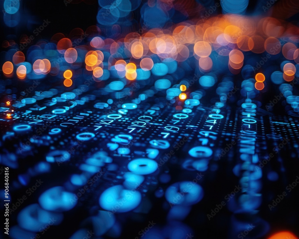Poster blue binary numbers rapidly changing on an ultra-wide monitor, illuminated by screen light, close-up