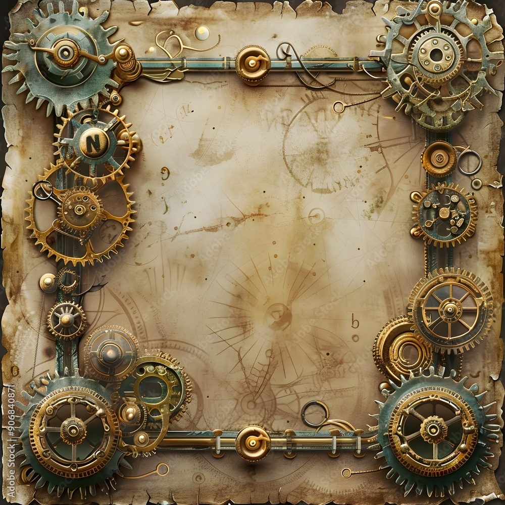 Poster vintage steampunk frame with gears and clockwork elements on parchment background conceptual copyspa