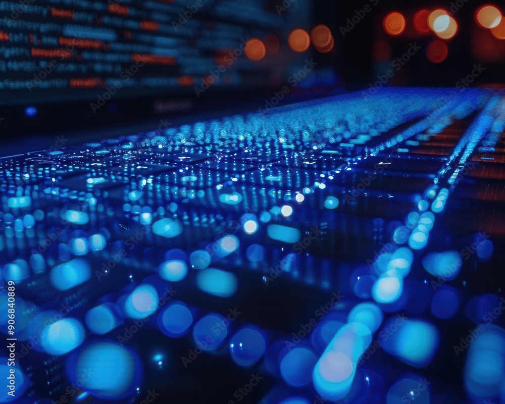 Poster blue binary numbers rapidly changing on an ultra-wide monitor, illuminated by screen light, close-up