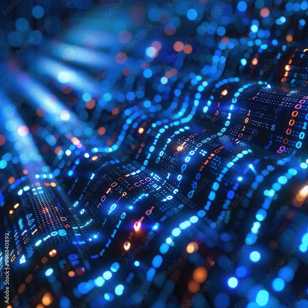 Poster blue binary digits displayed on a futuristic computer screen, high-resolution, low-angle shot, dark 