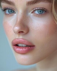 Naklejka premium Young woman with glowing, clear skin, subtly biting her lip, clean white background, closeup detail