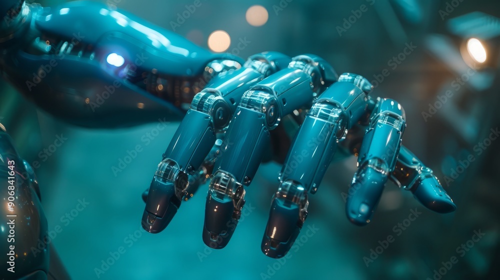 Poster futuristic robotic hand against technology background in high-tech setting
