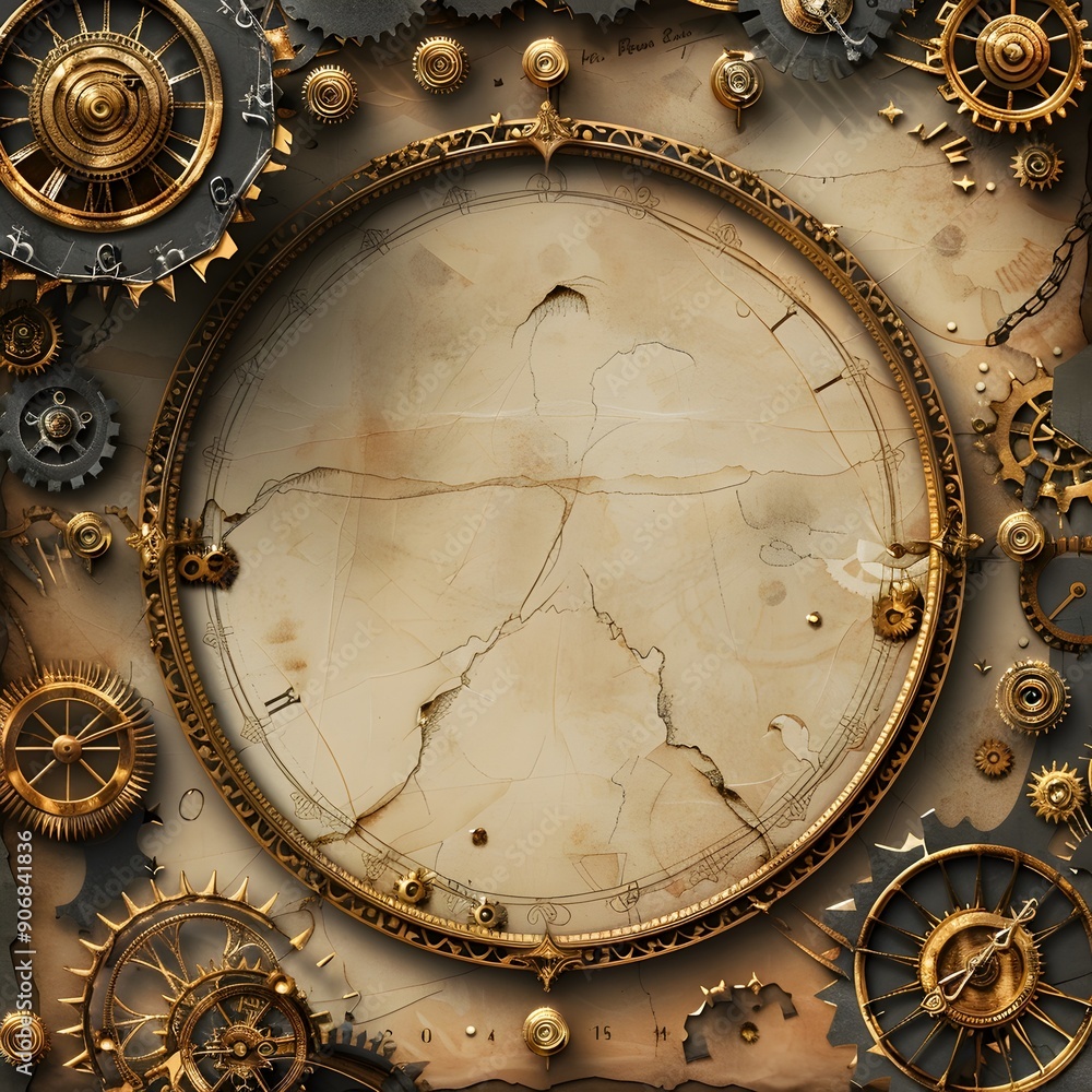 Poster vintage steampunk frame with gears and clockwork elements on parchment background
