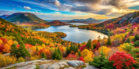 Autumnal Serenity - A Mountaintop View of a Serene Lake and Vibrant Foliage, landscape photography, autumn foliage, lake, mountains