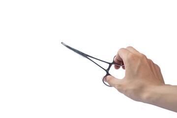 hand holding curved forceps surgical tool on white background, isolated photo