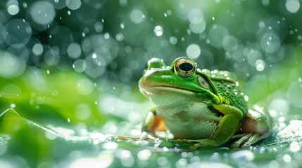 Obraz premium Green frog sitting on a leaf in rainy weather surrounded by nature