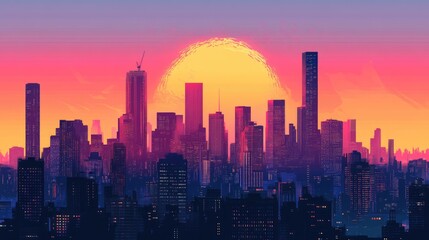 Fototapeta premium Sunset silhouette of a city skyline, featuring detailed skyscrapers and vibrant vector illustration.