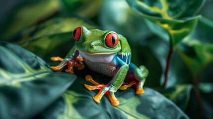 Fototapeta premium Close-up of red eyed tree frog resting on green leaves in tropical habitat
