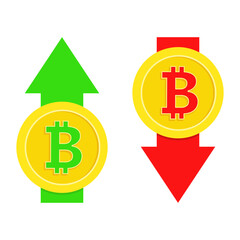 Rise or fall of the bitcoin rate. Positive or negative forecast on the stock exchange. Cryptocurrency rate volatility.