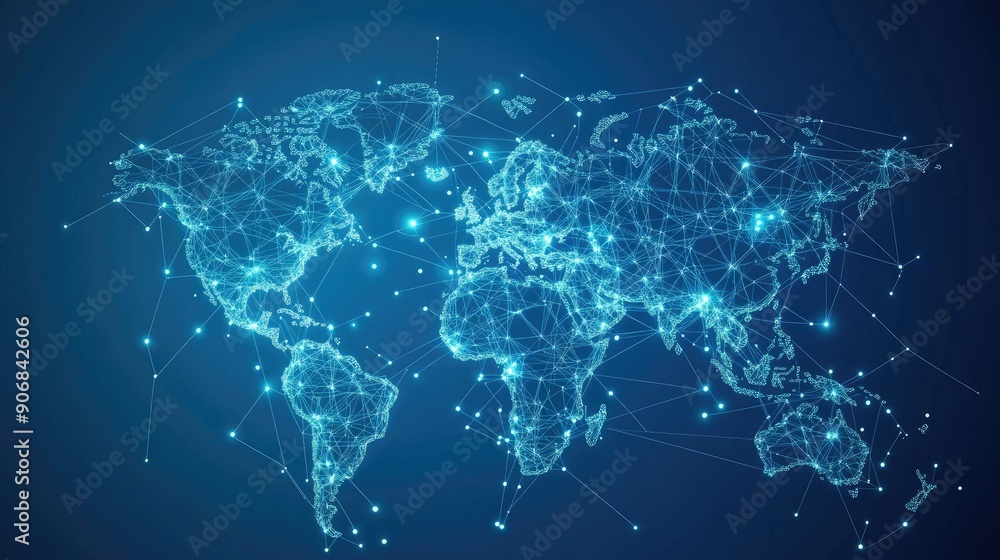 Poster symbol of global networking, showcasing a world map and interconnected digital communities.