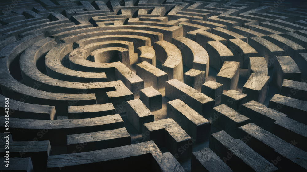 Poster a large circular maze with a wooden floor and many different shapes, ai