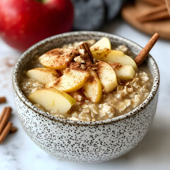 Oatmeal with sliced apple and cinnamon in a bowl.