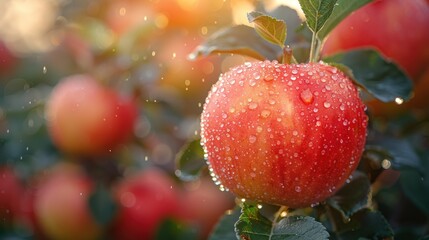 Juicy Red Apple with Dew Drops