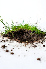 Fototapeta premium Close-up of green grass tuft with soil isolated on white.