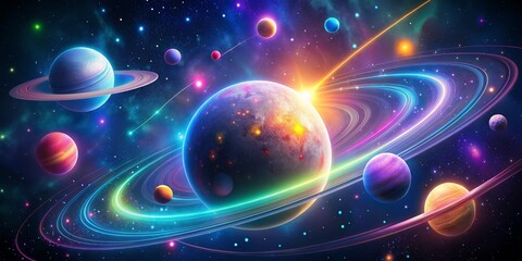 Cosmic Dance of Planets - Vibrant rings and glowing stars in a swirling nebula, space, galaxy, planets , nebula , artwork