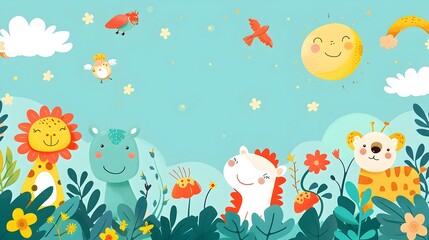 Naklejka premium Whimsical Children s Frame with Playful Animals and Bright Colors