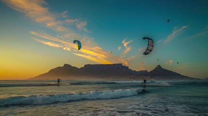 Obraz premium Sunset Kiteboarding in Cape Town