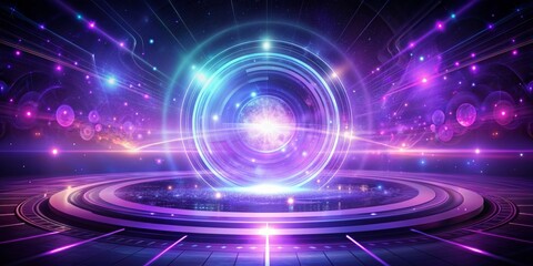 Fototapeta premium Cosmic Gateway Abstract Futuristic Sci-Fi Landscape with Neon Lights and Circular Platform, abstract, futuristic, cyberpunk, sci-fi