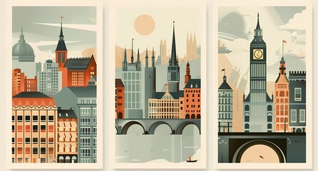 A set of three vector posters with different cityscape illustrations in a retro style