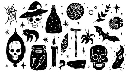 witch witchcraft magic set vintage doodle linocut cute set, separated black vector logo elements on transparent background, skull, spider, potion, spell, candle, halloween, moon, bat