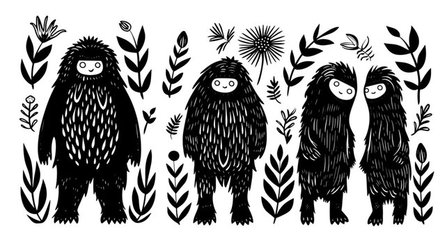 Doodle black linocut cute cryptozoology cryptid monster set nature weirdo different elements isolated on transparent background, texture, pattern, background, sasquatch, bigfoot