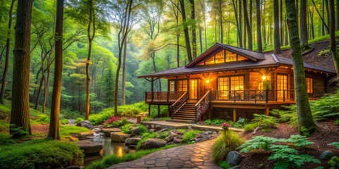 Forest Retreat Cabin Illuminated by Sunlight Streaming Through the Trees, Digital Art, Forest , Cabin , Nature , Retreat