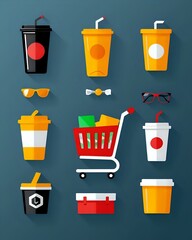 Colorful flat design icons of cups with straws, sunglasses, bowtie, and glasses.