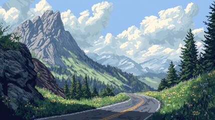 Winding road through a mountain pass in pixel art, with cool grays and greens for a scenic adventure.