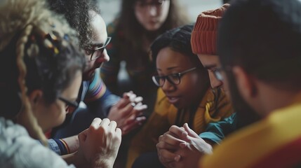 A diverse group of friends enjoys a lively conversation in a sunny autumn park.