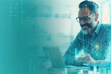 A serene blue background with subtle green financial graphics features a focused financial advisor at their desk.