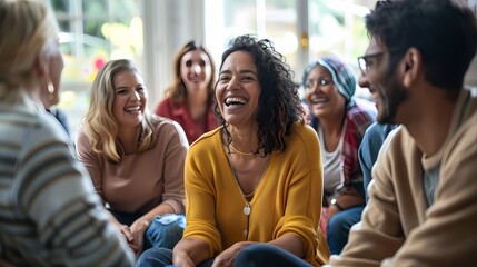 A diverse group of friends enjoys a lively conversation in a sunny autumn park.
