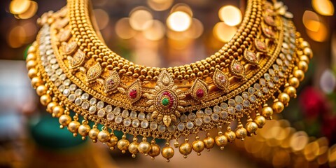 Golden Necklace with Gemstones and Bokeh Background, Indian Jewelry, Gold Necklace, Jewelry Design, Gemstones