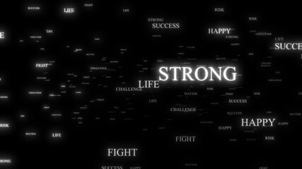 White Glowing  Success Words For Use Business Purpose. Big Dream, Entrepreneur Words, Motivational Quotes Are Flying, Full Words Are Flying On Black Background. Strong, Grow,  On The Screen, Inspirati