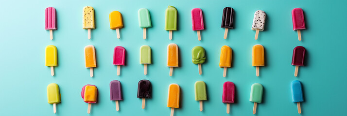 Pattern of colorful ice cream on turquoise background.