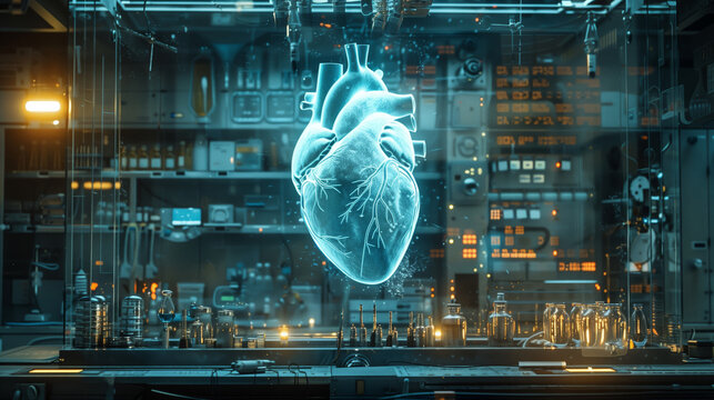A state-of-the-art research lab displays a holographic heart model alongside advanced scientific instruments and technology.
