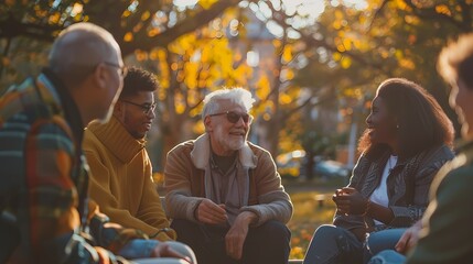 A diverse group of friends enjoys a lively conversation in a sunny autumn park.