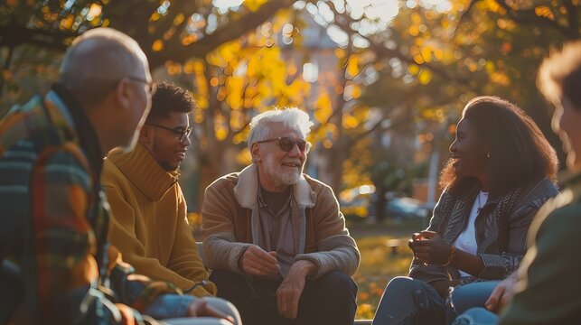 A diverse group of friends enjoys a lively conversation in a sunny autumn park. - Powered by Adobe