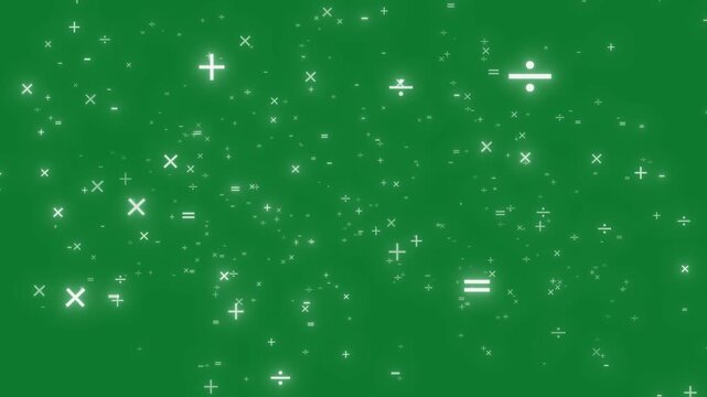 White Glowing Math Calculation Symbol Flying On Green Screen Background. Mathematical Calculation Sign Plus Sign, Minus Sign,times Sign, Division Sign, Flying Animation. Mathematical Sign Symbol 