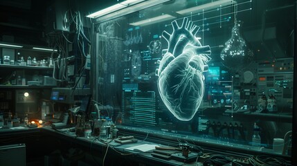 A high-tech research lab showcases a detailed heart visualization on glass amidst various scientific equipment and tools.