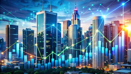 Obraz premium Modern Urban Skyline. Rapid Economic Expansion, Technological Innovation, and Digital Growth Illustrated Through Futuristic Skyscrapers and Financial Data in a Vibrant Cityscape
