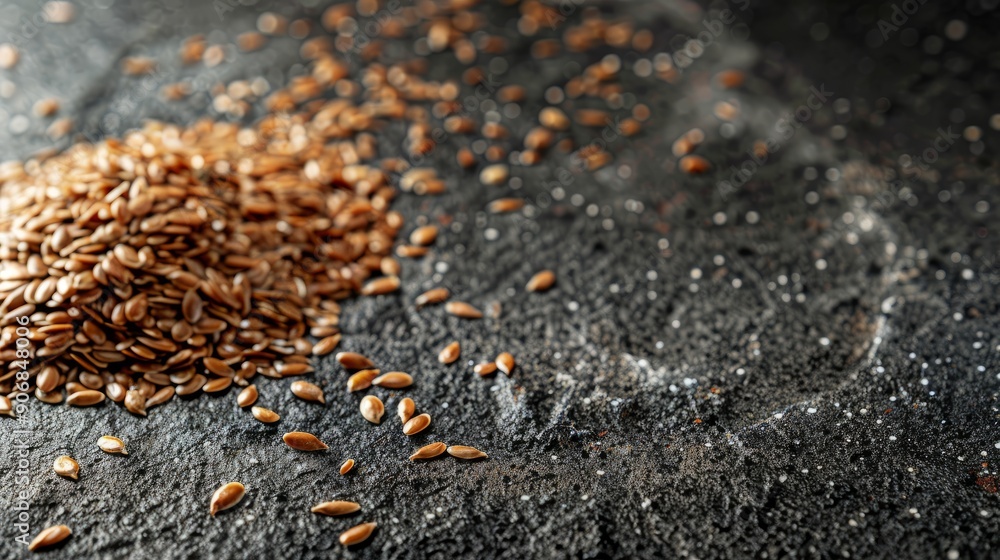Aufkleber flax seeds spilled on dark surface with empty space for text or design