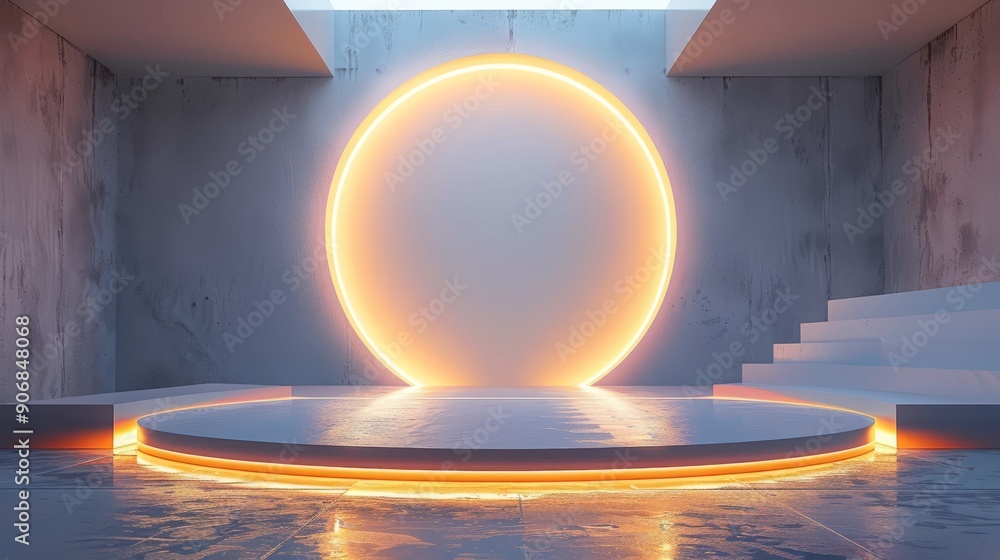 Poster futuristic podium with bright circular light for tech presentation setup