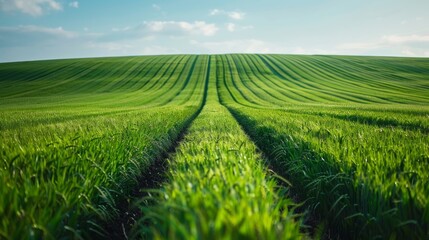 Young green wheat field with tractor tracks on a clear day