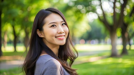 Fototapeta premium Woman smiling in a park. Happiness, nature, outdoors, portrait, joy, green