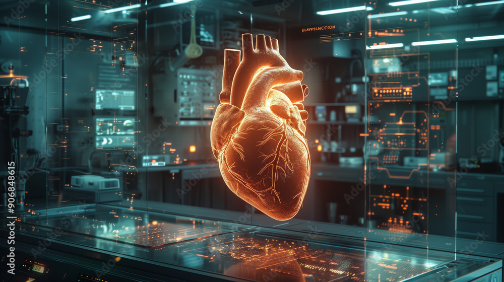Poster a research laboratory showcases cutting-edge technology with a virtual heart model prominently displ