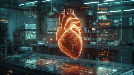 A research laboratory showcases cutting-edge technology with a virtual heart model prominently displayed for analysis and study.