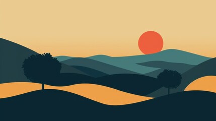 Abstract landscape with rolling hills and trees in warm shades of orange and beige. Serene and minimalist autumn scenery.