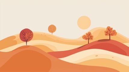 Abstract landscape with rolling hills and trees in warm shades of orange and beige. Serene and minimalist autumn scenery.