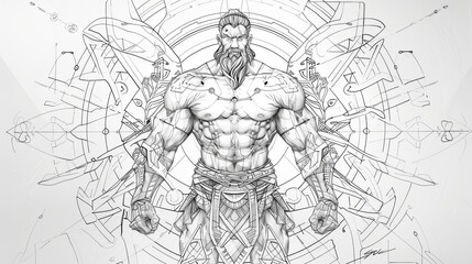 Obraz premium tattoo art line, drawing white paper, pure white and clean background, A geometric and realistic style tattoo, featuring a combination of mythological.