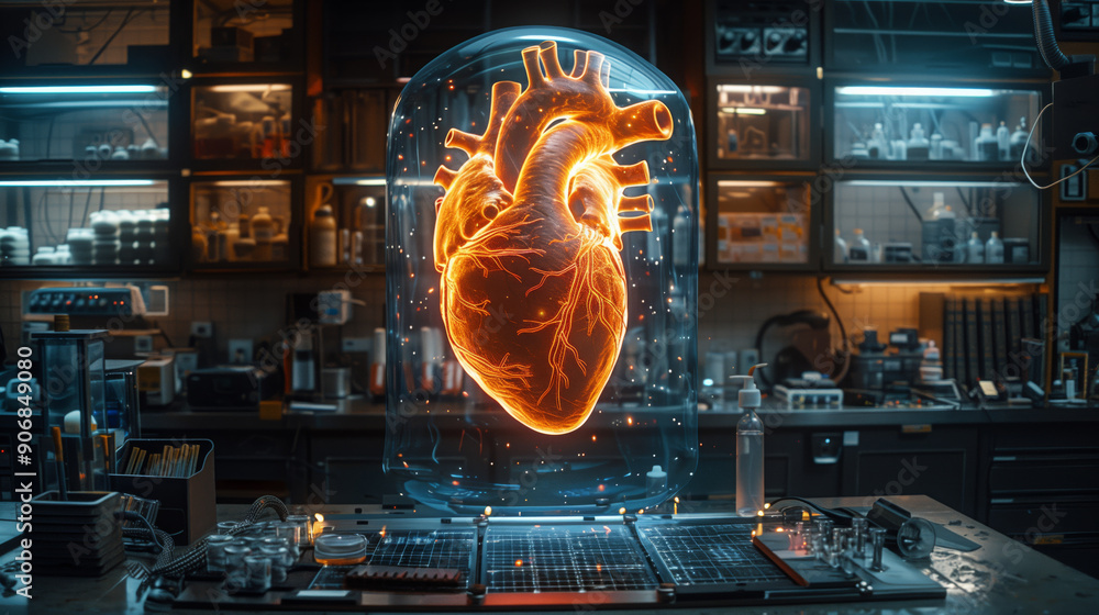 Poster a cutting-edge lab features digital displays showcasing heart models and various scientific instrume